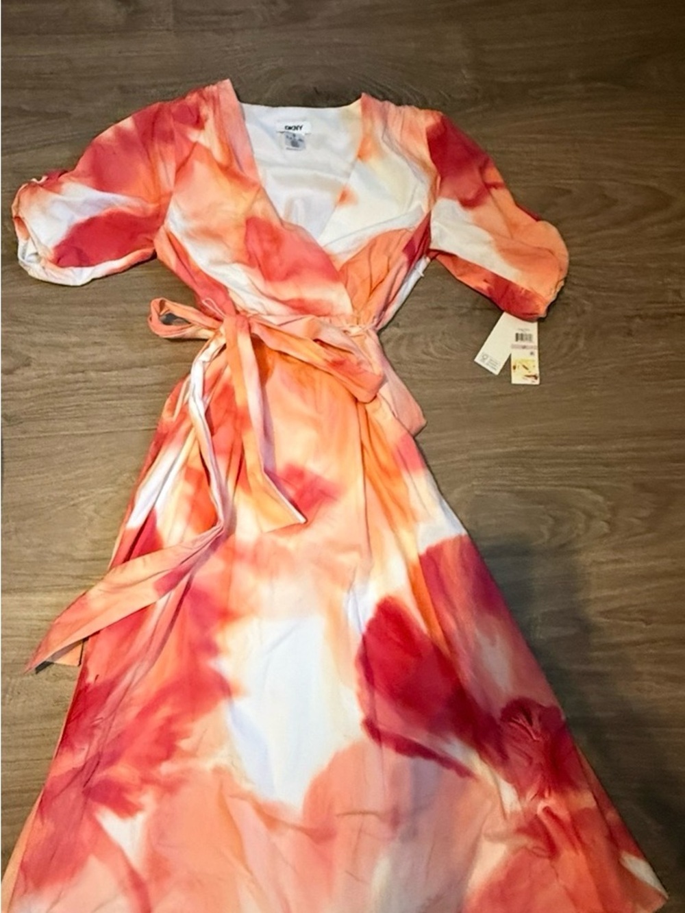 DKNY Orange and White Tie-Dye Wrap Maxi Dress
